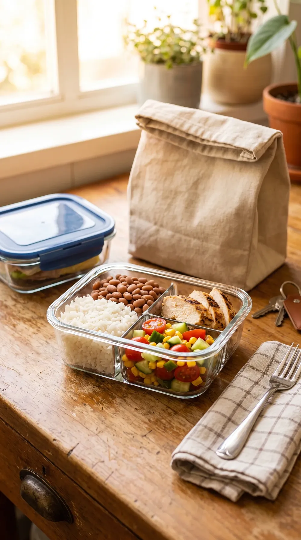 Marmita fit com arroz, feijão, frango e salada pronta pra levar