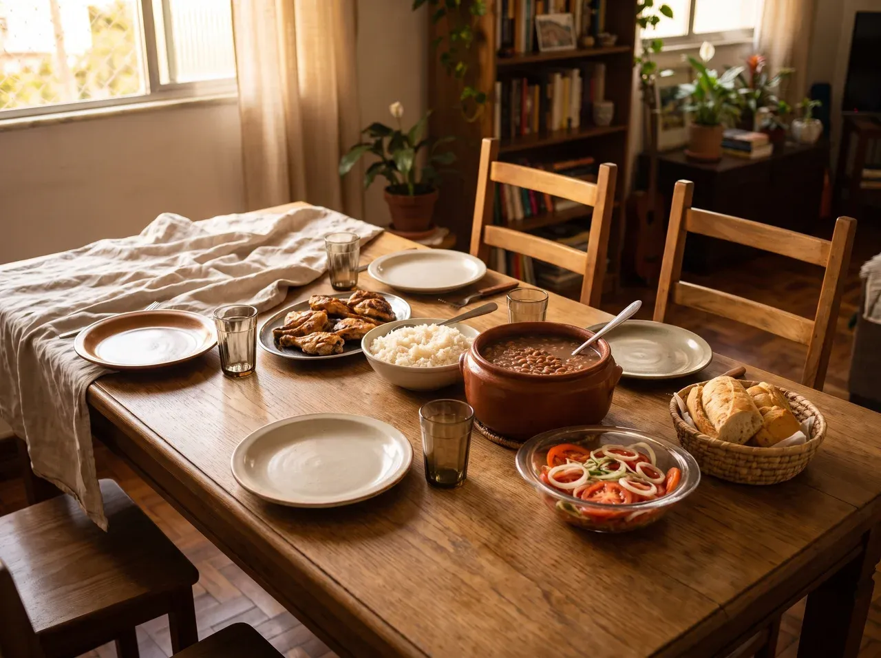 Mesa servida com arroz, feijão, frango e salada